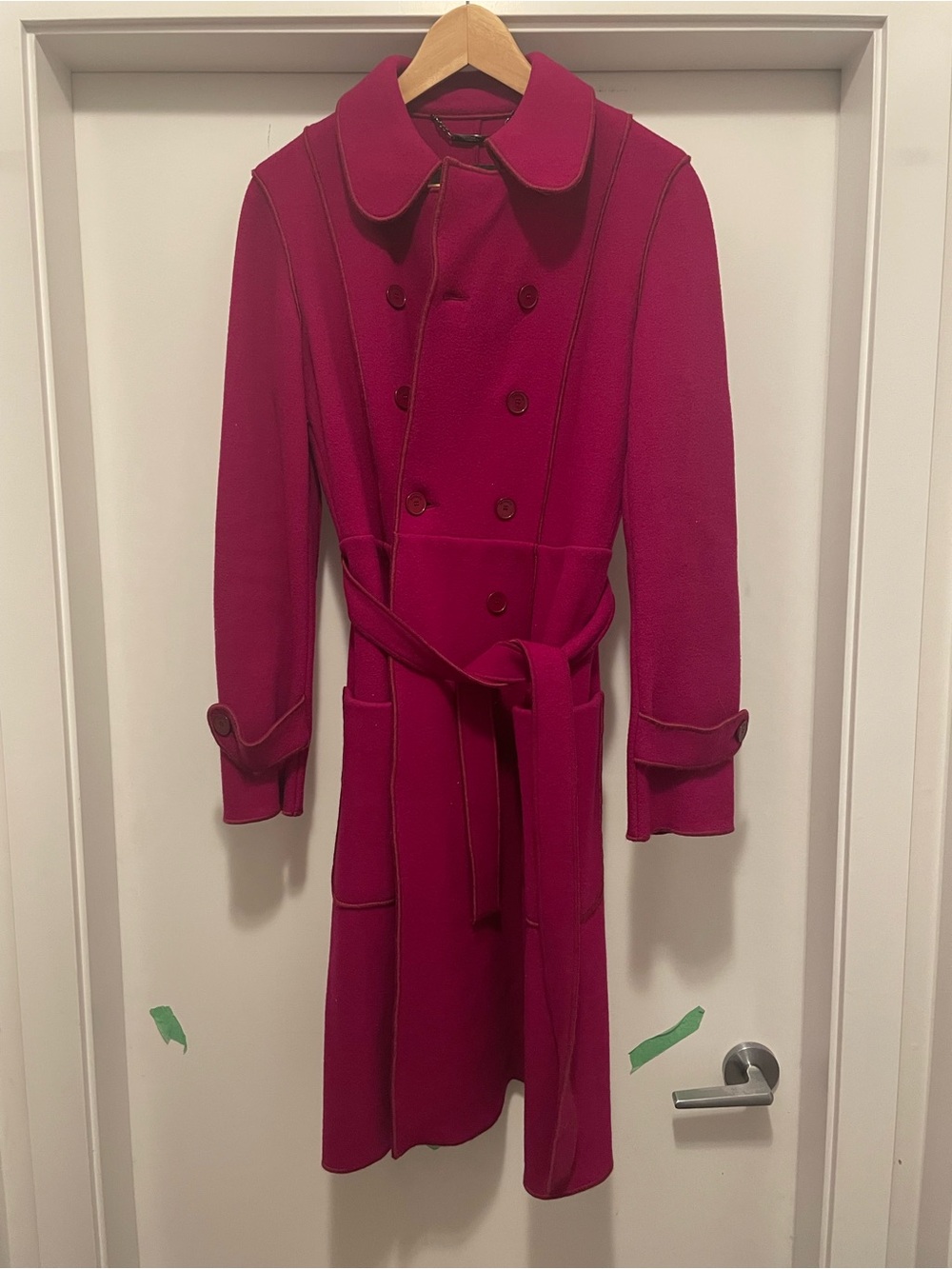 Women's Fuchsia Double-Breasted Wool Pea Coat with Belt